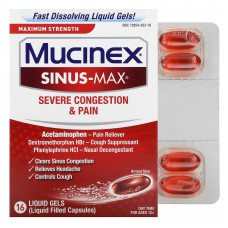 Mucinex, Sinus-Max, сильная заложенность носа и боль, максимальная сила действия, для детей от 12 лет, 16 капсул в жидкой форме