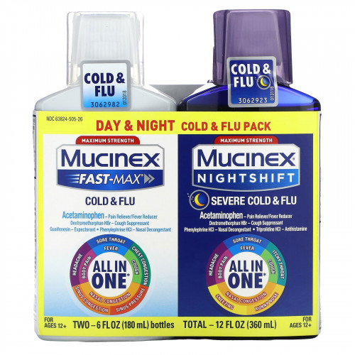 Mucinex, Day & Night, маска для лица от простуды и гриппа, максимальная сила действия, для детей от 12 лет, 2 флакона по 180 мл (6 жидк. унций)