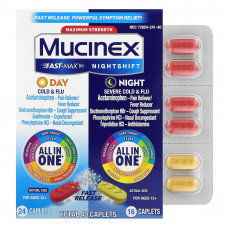 Mucinex, Fast-Max Day Cold & Flu и NightShift Night, тяжелая простуда и грипп, максимальная сила действия, для детей от 12 лет, 2 флакона, 40 капсул