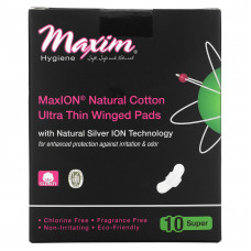 Maxim Hygiene Products, MaxION, натуральный хлопок, ультратонкие прокладки с крылышками, супер, 10 шт