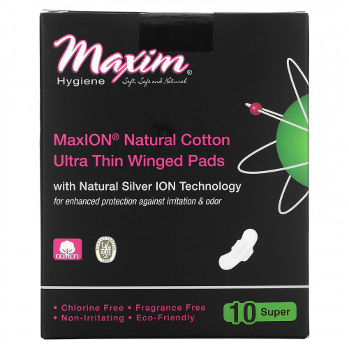 Maxim Hygiene Products, MaxION, натуральный хлопок, ультратонкие прокладки с крылышками, супер, 10 шт