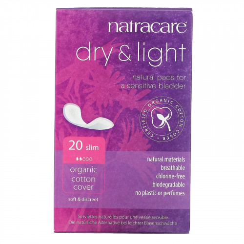 Natracare, Dry & Light, покрытие из органического хлопка, Slim, 20 прокладок