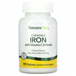 NaturesPlus, высокоэффективное железо с витамином C и травами, вишневый вкус, 90 жевательных таблеток