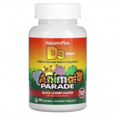 NaturesPlus, Source of Life, Animal Parade, витамин D3, без сахара, с натуральным вкусом черешни, 12,5 мкг (500 МЕ), 90 таблеток в форме животных