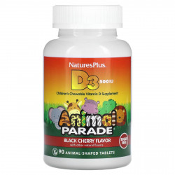 NaturesPlus, Source of Life, Animal Parade, витамин D3, без сахара, с натуральным вкусом черешни, 12,5 мкг (500 МЕ), 90 таблеток в форме животных