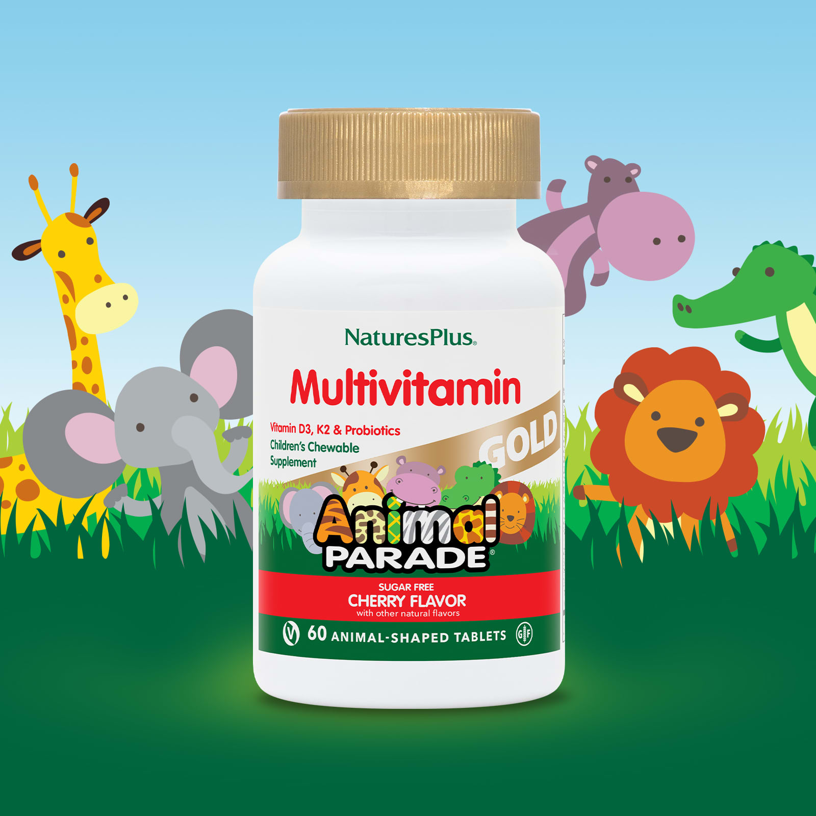 NaturesPlus, Source of Life, Animal Parade Gold, жевательные мультивитамины с микроэлементами для детей, со вкусом вишни, 60 таблеток в форме животных