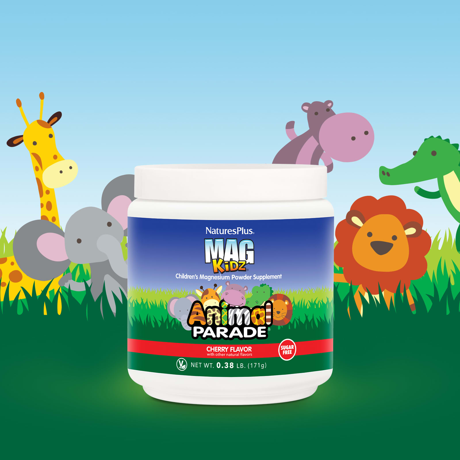 NaturesPlus, Mag Kidz, Animal Parade, добавка с магнием в виде порошка для детей, вкус вишни, 171 г (0,38 фунта)