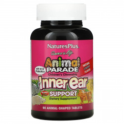 NaturesPlus, Source of Life, Animal Parade, детские жевательные таблетки для поддержания здоровья внутреннего уха, со вкусом натуральной вишни, 90 таблеток в форме животных