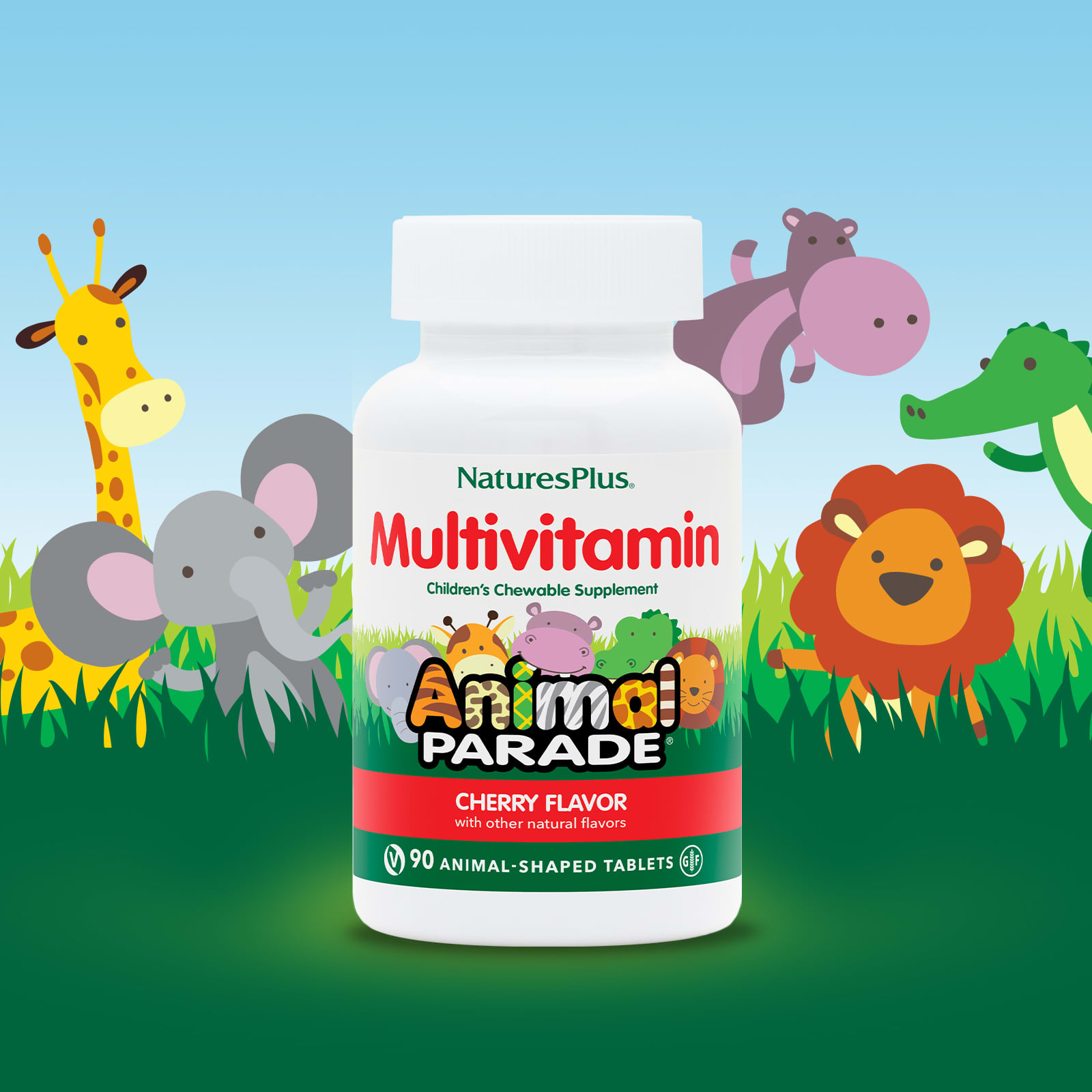 NaturesPlus, Source of Life, Animal Parade Gold, жевательные мультивитамины с микроэлементами для детей, со вкусом вишни, 90 таблеток в форме животных