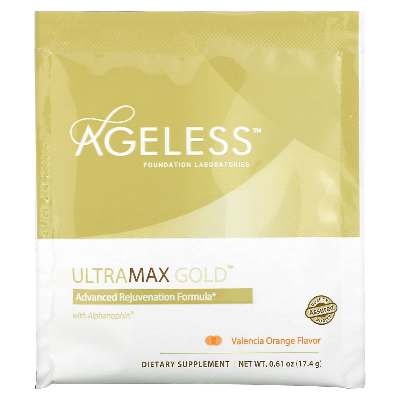 Ageless Foundation Laboratories, UltraMax Gold, улучшенная формула омоложения с альфатрофином, со вкусом валенсийского апельсина, 22 пакетика по 17,4 г каждый