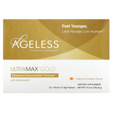 Ageless Foundation Laboratories, UltraMax Gold, улучшенная формула омоложения с альфатрофином, со вкусом валенсийского апельсина, 22 пакетика по 17,4 г каждый