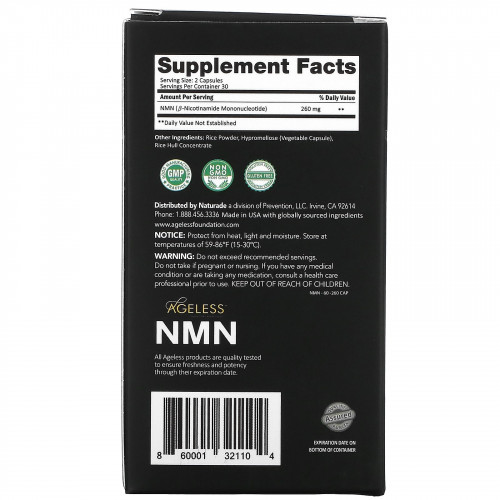 Ageless Foundation Laboratories, NMN, добавка-прекурсор НАД, 130 мг, 60 капсул