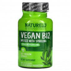 NATURELO, Веганский витамин B12 со спирулиной, 90 капсул, которые можно легко проглотить