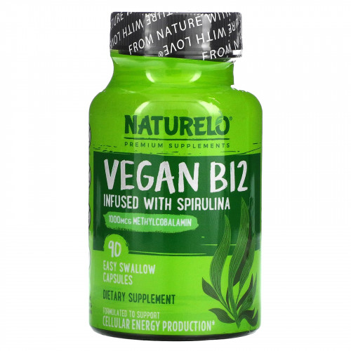 NATURELO, Веганский витамин B12 со спирулиной, 90 капсул, которые можно легко проглотить