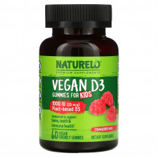 NATURELO, Веганский витамин D3 для детей, клубника, 1000 МЕ (25 мкг), 60 веганских жевательных таблеток