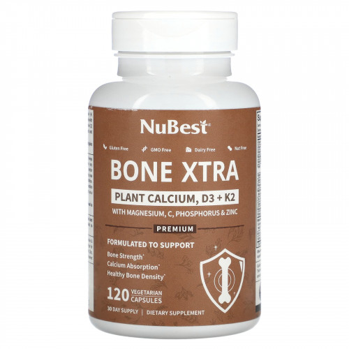 NuBest, Bone Xtra, растительный кальций, D3 и K2, 120 вегетарианских капсул