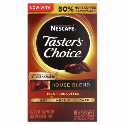 Nescafé, Taster's Choice, растворимый кофе, домашняя смесь, светлый / средний, 6 пакетиков по 3 г (0,1 унции)