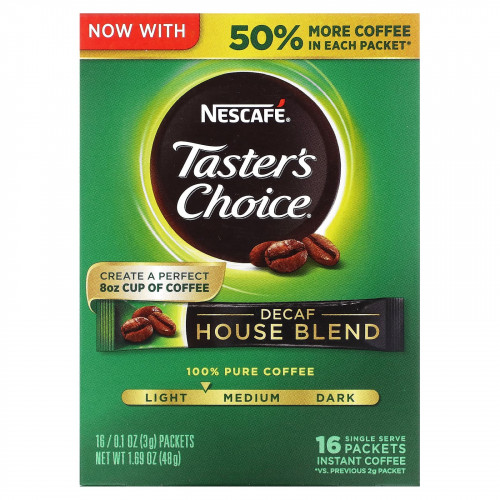 Nescafé, Taster's Choice, House Blend, растворимый кофе, легкая/средняя обжарка, без кофеина, 16 пакетиков по 3 г (0,1 унции)