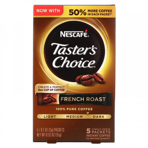 Nescafé, Тэйстерс Чойс, Растворимый Кофе, Френч Роаст, 5 пакетиков, 0.1 унций (3 гр) каждый