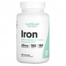 Nutricost, Для женщин, железо, с витамином C, фолатом и витамином B12, 180 капсул