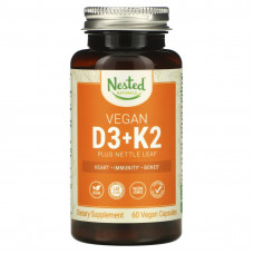 Nested Naturals, Веганские витамины D3 + K2 и листья крапивы, 60 веганских капсул