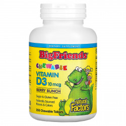 Natural Factors, Big Friends, жевательный витамин D3, ягодный вкус, 10 мкг, 250 жевательных таблеток