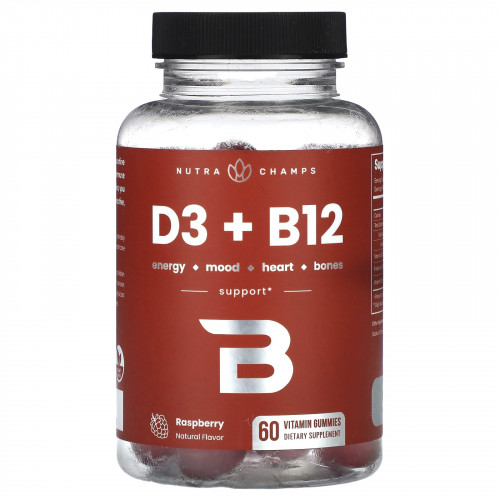 NutraChamps, D3 + B12, Raspberry, 60 Vitamin Gummies