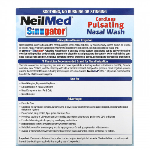 NeilMed, Sinugator, беспроводная пульсирующая промывка для носа, набор из 3 предметов