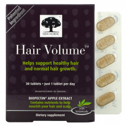 New Nordic US Inc, Hair Volume, средство для роста и объема волос, с растительными ингредиентами, 30 таблеток