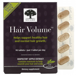 New Nordic US Inc, Hair Volume, средство для роста и объема волос, с экстрактом биопектина яблока, 90 таблеток