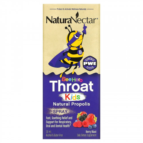 NaturaNectar, Bee Hero Throat Kids, Натуральный спрей с прополисом, Berry Blast, 30 мл