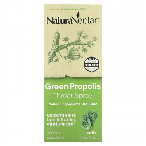 NaturaNectar, Спрей для горла с зеленым прополисом, для детей от 2 лет, прохладная мята, 30 мл (1 жидк. Унция)