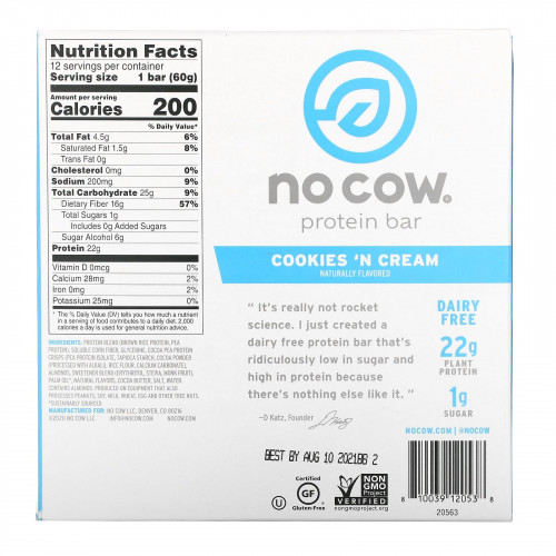 No Cow, протеиновый батончик, со вкусом печенья с кремом, 12 батончиков, 60 г (2,12 унции)