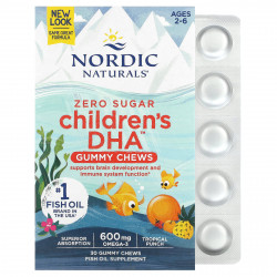 Nordic Naturals, Детские жевательные мармеладки с ДГК, для детей 2–6 лет, тропический пунш, 600 мг, 30 жевательных таблеток