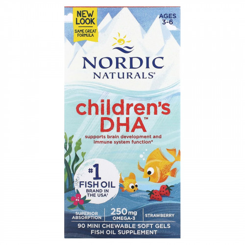 Nordic Naturals, ДГК для детей, для детей от 3 до 6 лет, с клубникой, 90 жевательных мини-капсул