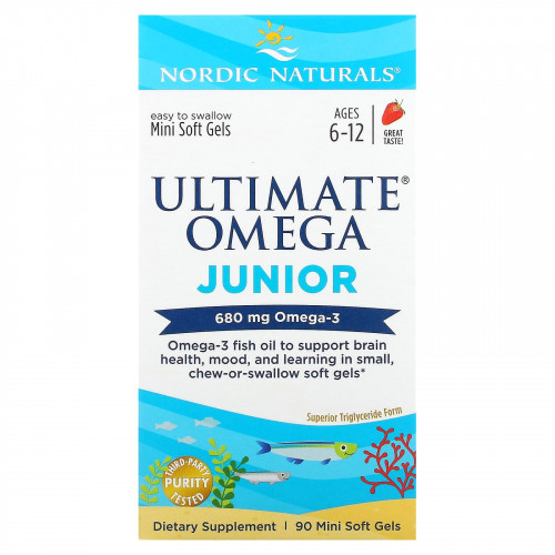 Nordic Naturals, Ultimate Omega Junior, для детей от 6 до 12 лет, со вкусом клубники, 340 мг, 90 мини-капсул