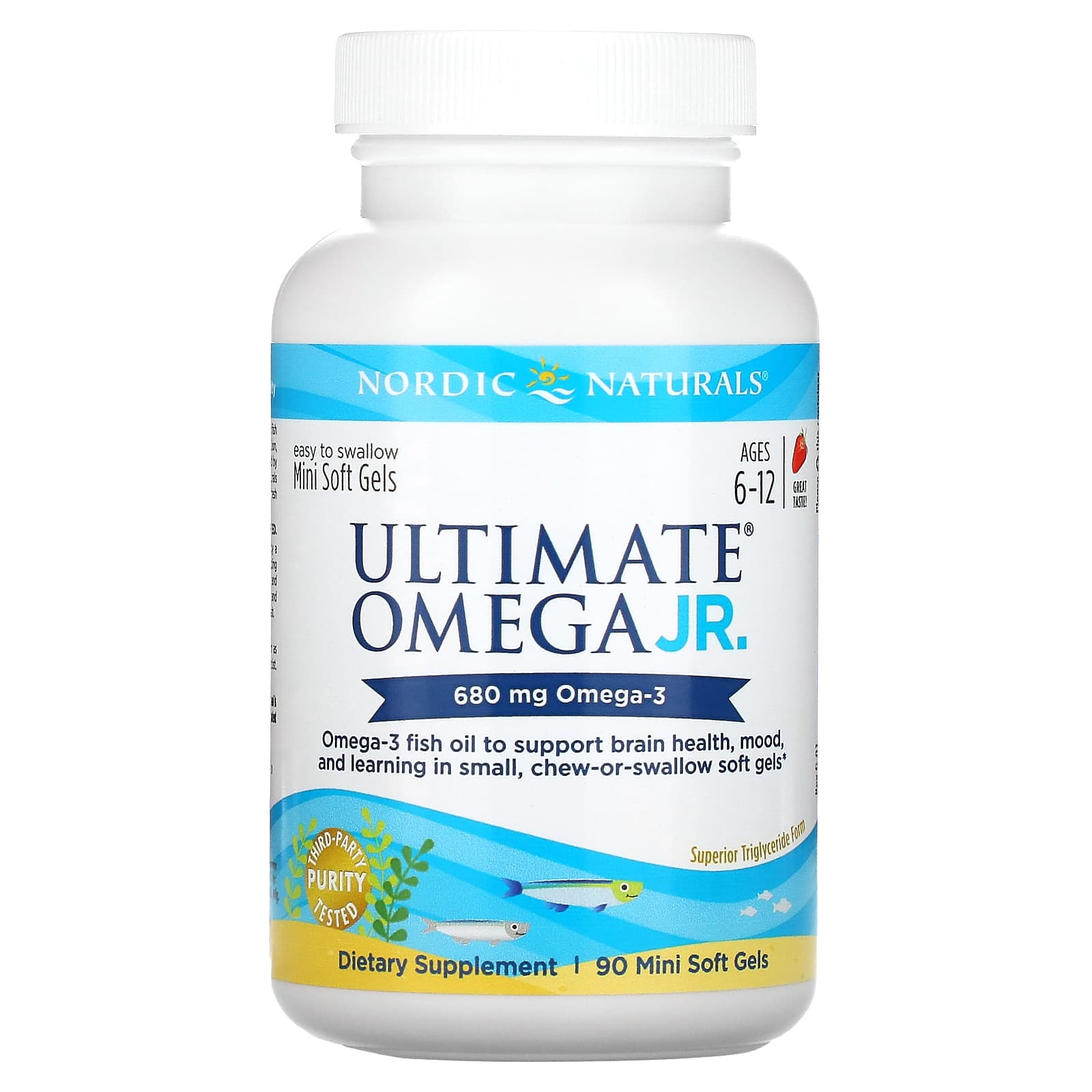 Nordic Naturals, Ultimate Omega Junior, для детей от 6 до 12 лет, со вкусом клубники, 340 мг, 90 мини-капсул