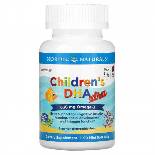 Nordic Naturals, Children's DHA Xtra, для детей от 3 до 6 лет, ягодный вкус, 636 мг, 90 мини-таблеток