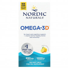 Nordic Naturals, Omega-3D, со вкусом лимона, 120 капсул