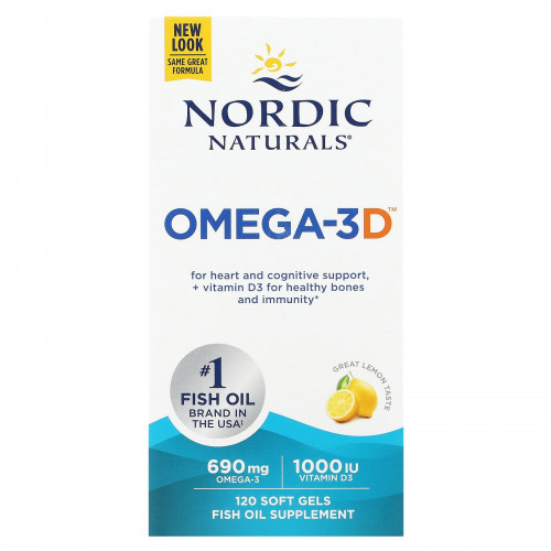 Nordic Naturals, Omega-3D, со вкусом лимона, 120 капсул