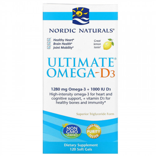 Nordic Naturals, Ultimate Omega-D3, омега-3 и витамин D3, со вкусом лимона, 120 капсул