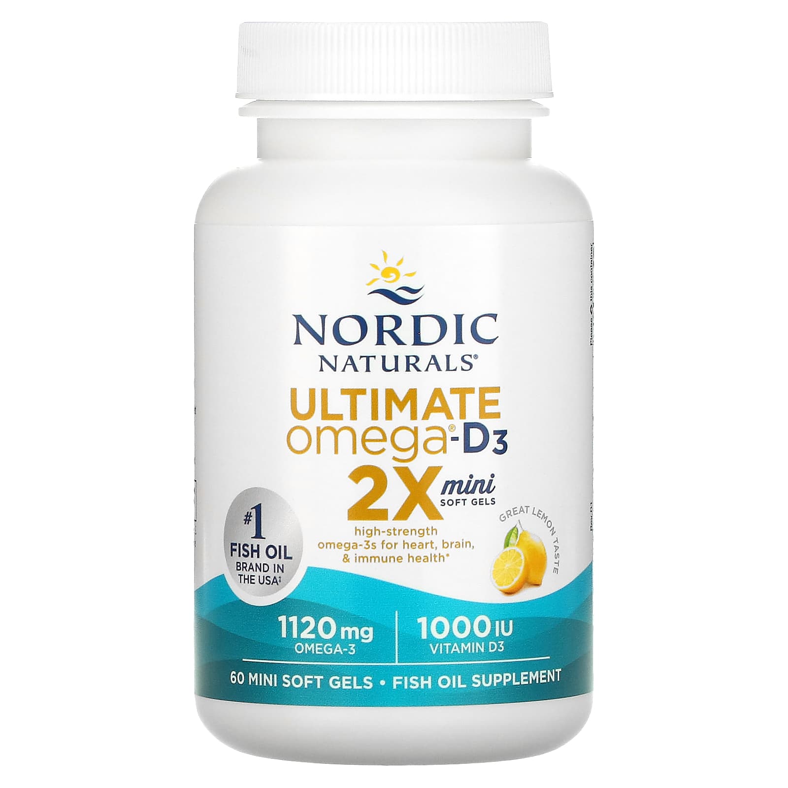 Nordic Naturals, Ultimate Omega 2X с витамином D3, лимон, 60 мягких мини-таблеток