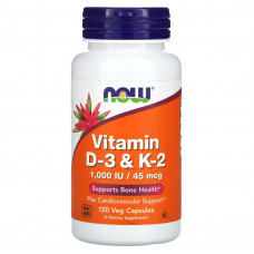 NOW Foods, витамины D3 и K2, 120 растительных капсул