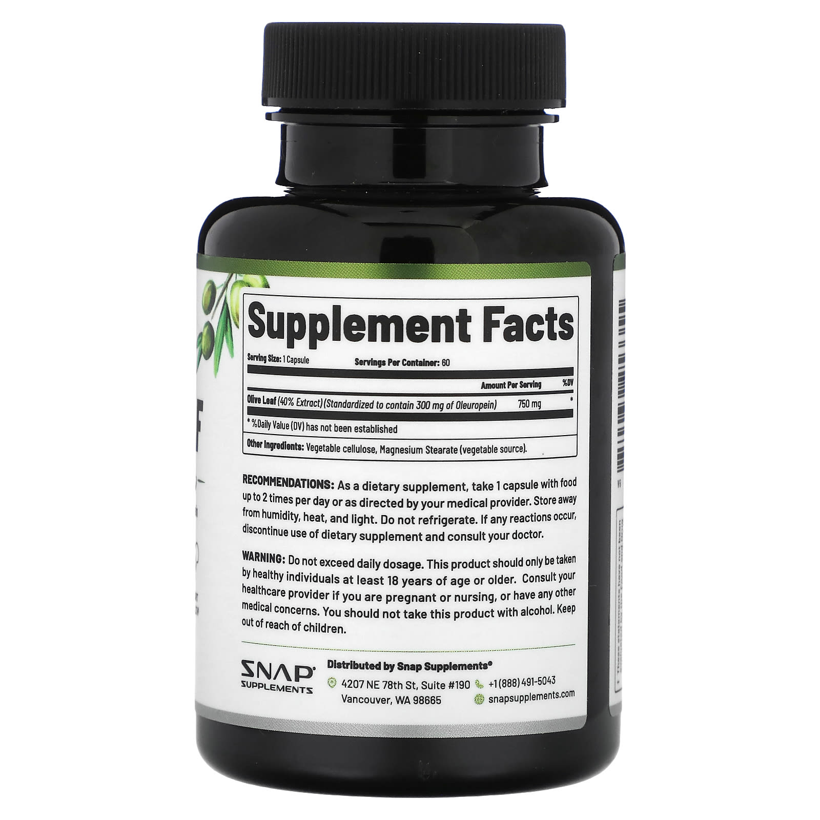 Snap Supplements, Листья оливкового дерева, максимальная эффективность, 60 капсул