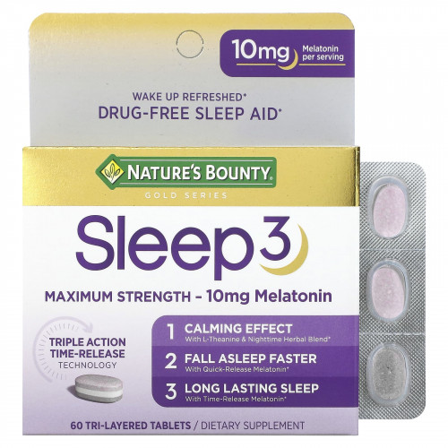 Nature's Bounty, Sleep 3, эффективное средство для улучшения качества сна, без наркотических веществ, 60 трехслойных таблеток