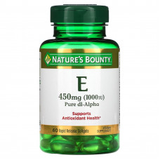 Nature's Bounty, витамин E, чистый Dl-альфа, 450 мг (1000 МЕ), 60 капсул с быстрым высвобождением