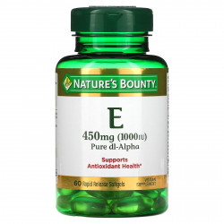 Nature's Bounty, витамин E, чистый Dl-альфа, 450 мг (1000 МЕ), 60 капсул с быстрым высвобождением