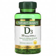 Nature's Bounty, витамин D3, здоровье иммунной системы, 50 мкг (2000 МЕ), 240 капсул быстрого высвобождения