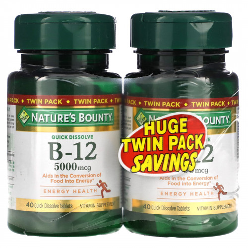 Nature's Bounty, Витамин B12, Twin Pack, натуральный вишневый вкус, 5000 мкг, 40 быстрорастворимых таблеток