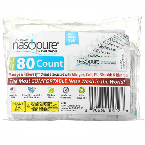 Nasopure, средство для промывания носа, набор для многоразовой перезаправки, 80 штук